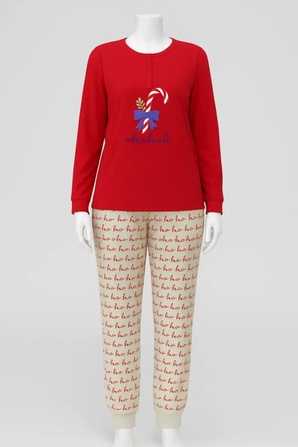 Red Cotton Nightwear Set with Candy Cane Print