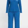 Women's blue cotton nightwear set with star print pants and long-sleeve top