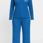 Women's blue cotton nightwear set with star print pants and long-sleeve top