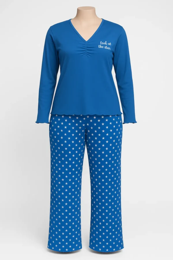 Women's blue cotton nightwear set with star print pants and long-sleeve top