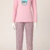 Women's pink cotton nightwear set with printed top and striped pajama bottoms.