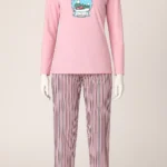 Women's pink cotton nightwear set with printed top and striped pajama bottoms.