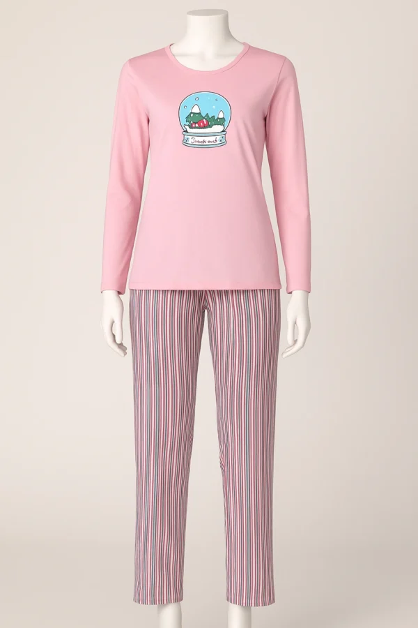 Women's pink cotton nightwear set with printed top and striped pajama bottoms.