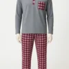 Men’s nightwear set with grey long-sleeve top and burgundy plaid pajama pants made from soft cotton fabric
