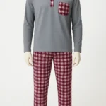 Men’s nightwear set with grey long-sleeve top and burgundy plaid pajama pants made from soft cotton fabric