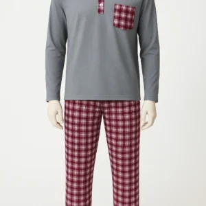 Men’s nightwear set with grey long-sleeve top and burgundy plaid pajama pants made from soft cotton fabric