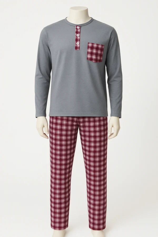 Men’s nightwear set with grey long-sleeve top and burgundy plaid pajama pants made from soft cotton fabric