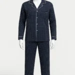Men’s cotton nightwear set featuring a navy polka dot button-down top and matching pants