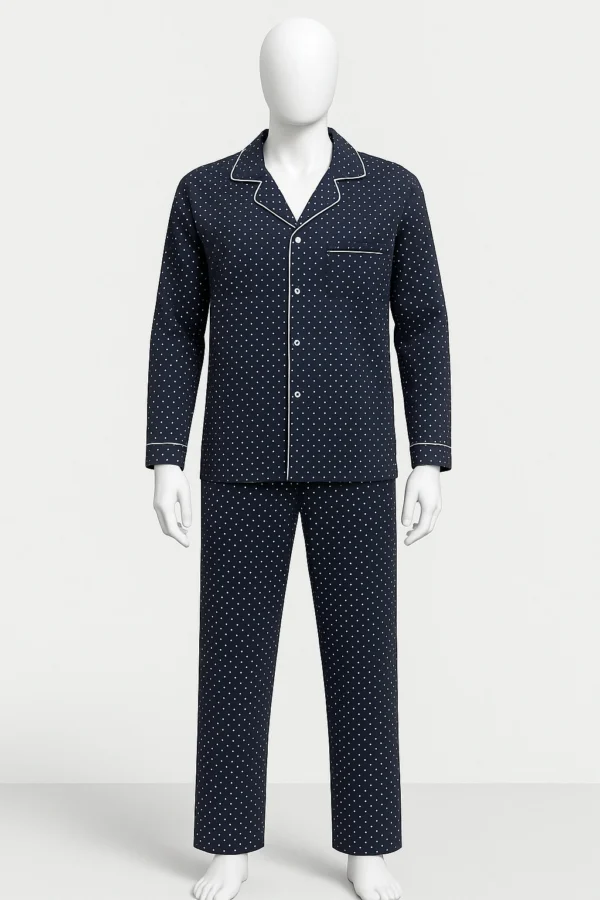 Men’s cotton nightwear set featuring a navy polka dot button-down top and matching pants