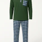 Men's nightwear set with forest green top and plaid pants