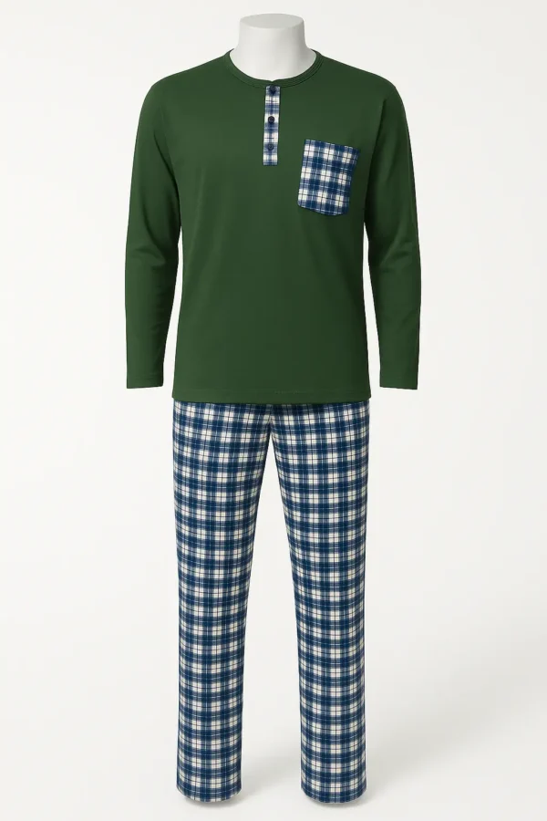 Men's nightwear set with forest green top and plaid pants