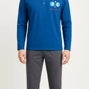 Blue men’s pajama set with “Sport and Club” tennis racket graphic on the top, paired with charcoal gray cotton pants.