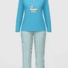 Women's aqua blue cotton nightwear set with a snow globe print top and striped pajama bottoms