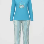 Women's aqua blue cotton nightwear set with a snow globe print top and striped pajama bottoms
