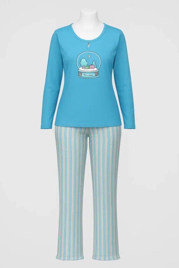 Women's aqua blue cotton nightwear set with a snow globe print top and striped pajama bottoms