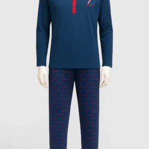 Men’s blue cotton pajama set featuring a red-accented henley top with candy cane and “Oh Oh Oh” text, and matching printed pants.