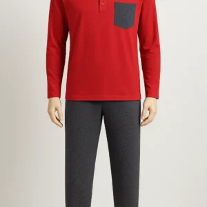 Men’s cotton nightwear set featuring a red henley top with printed chest pocket and matching charcoal geometric print pants.
