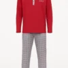 Men’s red and grey cotton pajama set featuring a red top with a candy cane and “Oh Oh Oh” print, and matching printed pants.