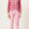 Front view of women’s nightwear suit in dusty rose and blush pink made with 100% cotton.