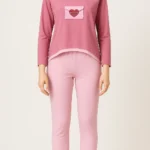 Front view of women’s nightwear suit in dusty rose and blush pink made with 100% cotton.