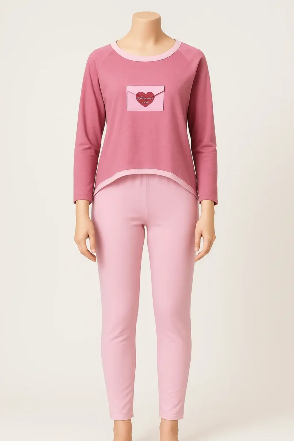 Front view of women’s nightwear suit in dusty rose and blush pink made with 100% cotton.