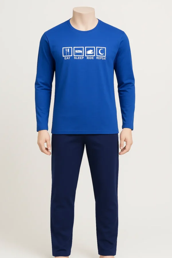 Men’s bright blue cotton pajama set with “Eat Sleep Ride Repeat” graphic and navy pants