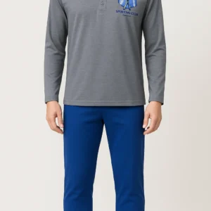 Grey men’s pajama top with “Sporting Club” tennis racket graphic, paired with royal blue full-length cotton pants.