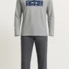 Men’s grey cotton pajama set with a graphic “Eat Sleep Ride Repeat” design and dark grey tapered pants