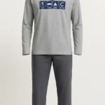 Men’s grey cotton pajama set with a graphic “Eat Sleep Ride Repeat” design and dark grey tapered pants