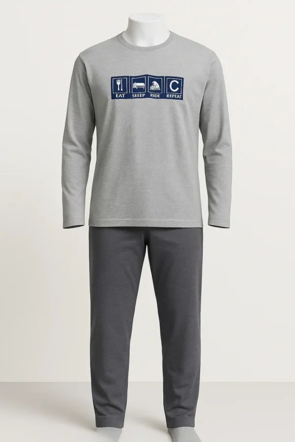 Men’s grey cotton pajama set with a graphic “Eat Sleep Ride Repeat” design and dark grey tapered pants