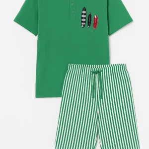 Green men’s cotton nightwear set with short-sleeved surfboard print top and green striped shorts