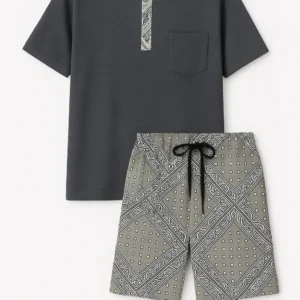 Charcoal men’s cotton nightwear set with round neck printed t-shirt and olive green patterned shorts
