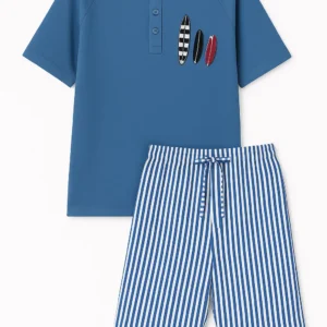 Blue short-sleeved cotton nightwear set for men with surfboard design and striped shorts