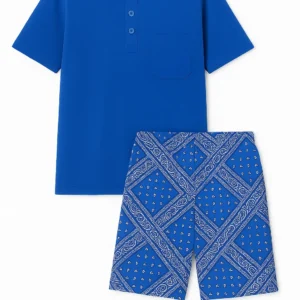Royal blue cotton nightwear set for men with buttoned shirt and printed shorts