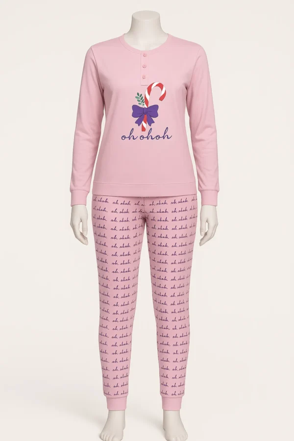 Pink Cotton Nightwear Set with Candy Cane Print