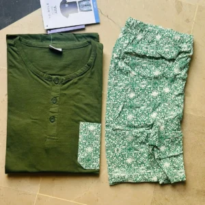 Men’s 100% cotton nightwear set with dark green shirt and printed pajama bottoms