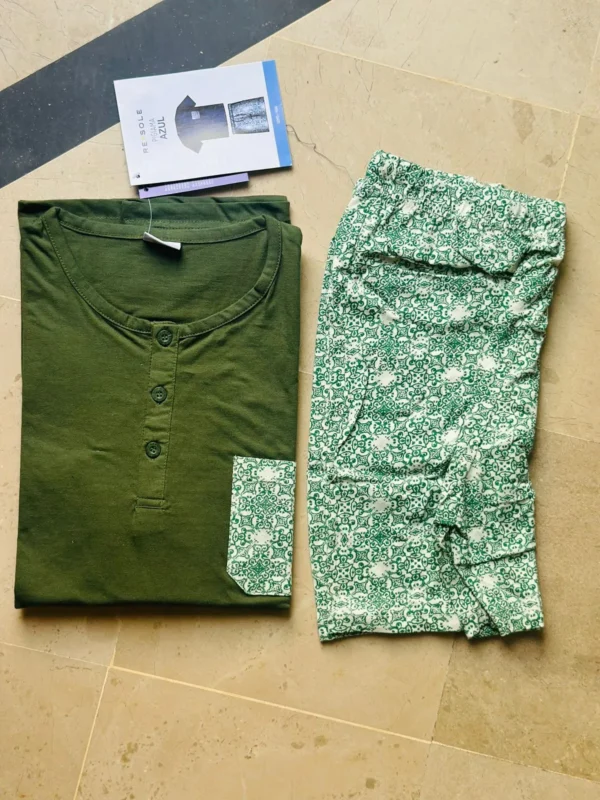 Men’s 100% cotton nightwear set with dark green shirt and printed pajama bottoms