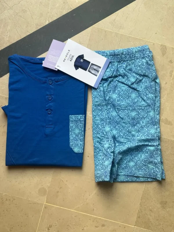 Men’s blue pajama set with printed shorts
