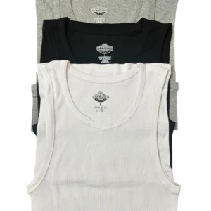 Pack of three men’s vests in white, black, and grey